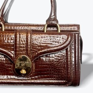 Francesco Biasia Satchel Handbag Italian Leather Gold Accents Crocodile Embossed